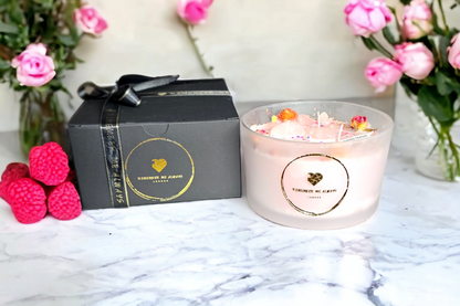 3 wick scented 50cl pale pink soy candle, in a frosted glass container, with dried flowers and crystals embedded into it. Comes in a beautiful gift box and ribbon. 