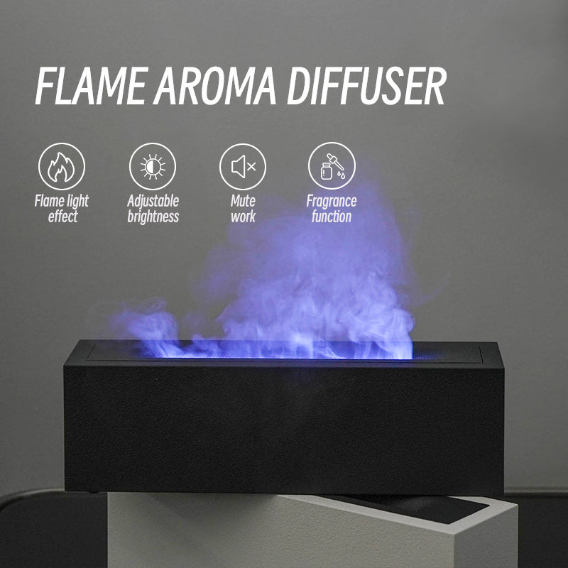 Black aroma humidifier with faux flame effect with multiple settings. 