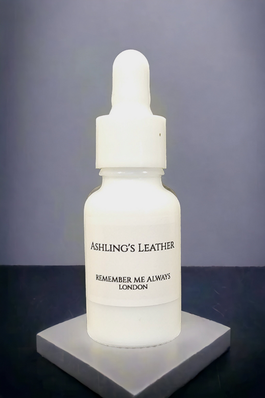 Luxury fragrance oil, in a white dropper bottle. Ashling's Leather, containing, Leather, Bergamot, Frankincense and Myrrh 